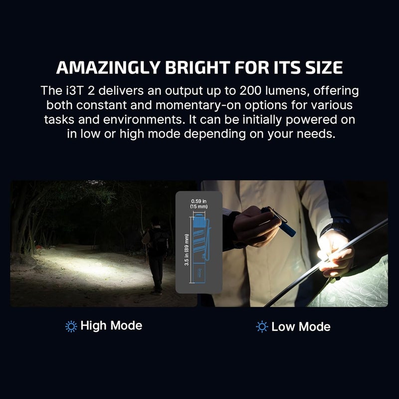 OLIGHT I3T 2 EOS Pocket EDC Flashlight, 200 Lumens Compact Bright Handheld Tactical Flash Lights, Dual-Output Tail Switch with AAA Battery and Two-Way Pocket Clip for Camping,Hiking (Midnight Blue) - Image 3